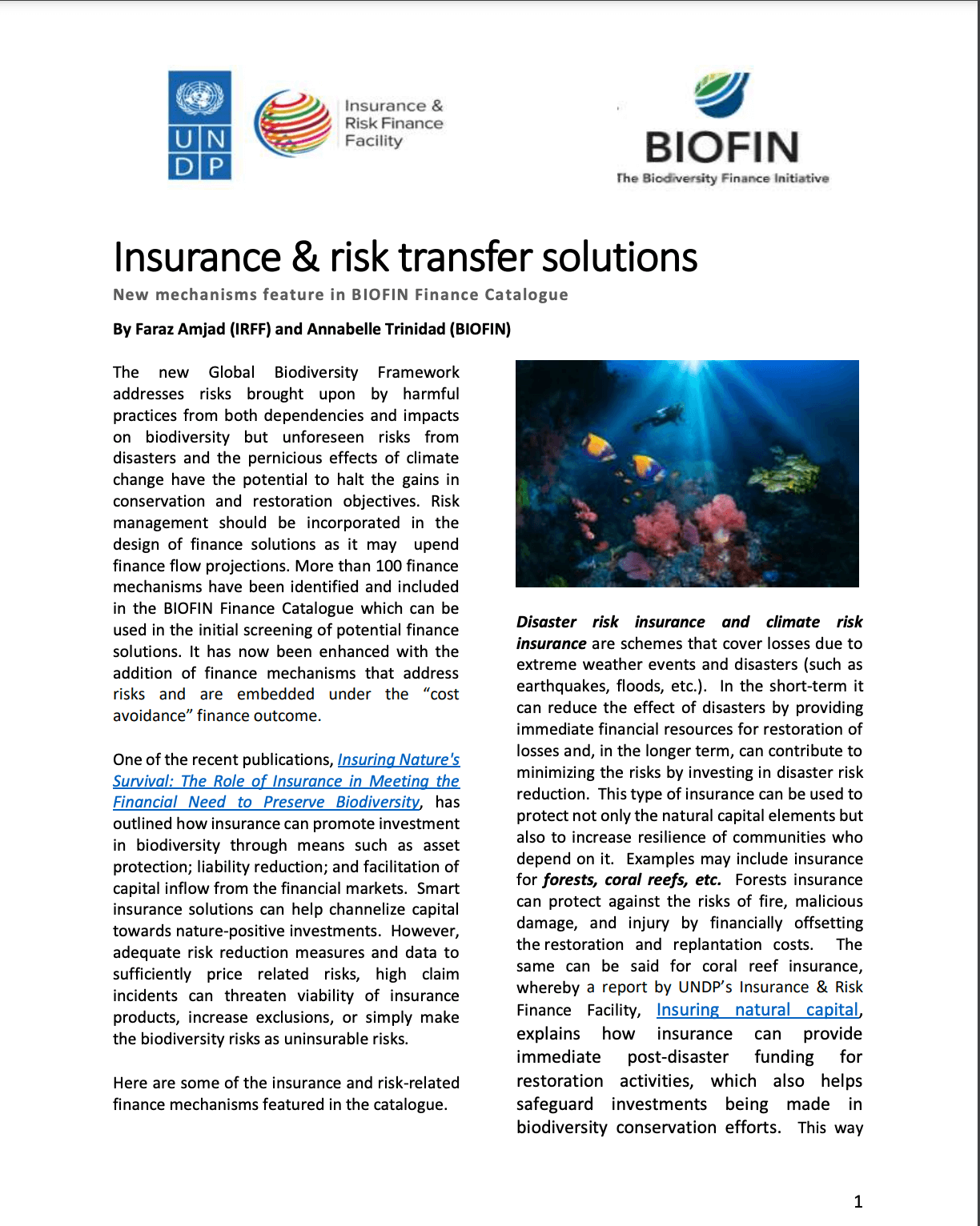 Insurance & risk transfer solutions. New mechanisms feature in BIOFIN Finance Catalogue