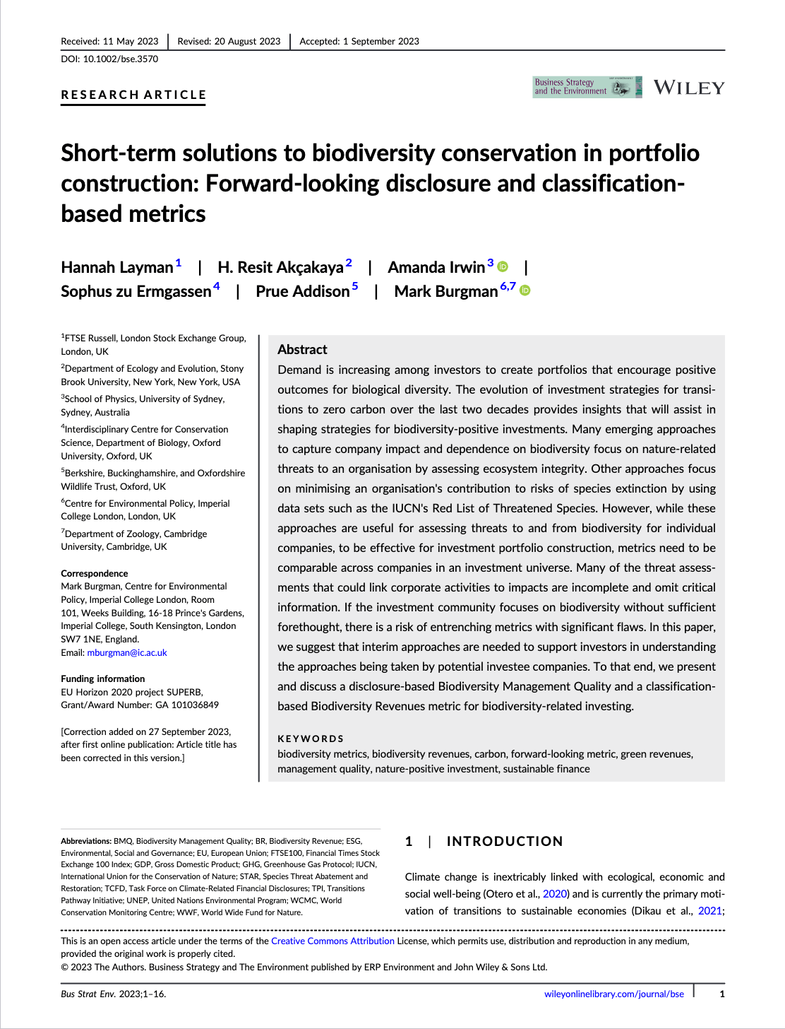 Short-term solutions to biodiversity conservation in portfolio construction: Forward-looking disclosure and classification-based metrics biodiversity conservation in portfolio construction
