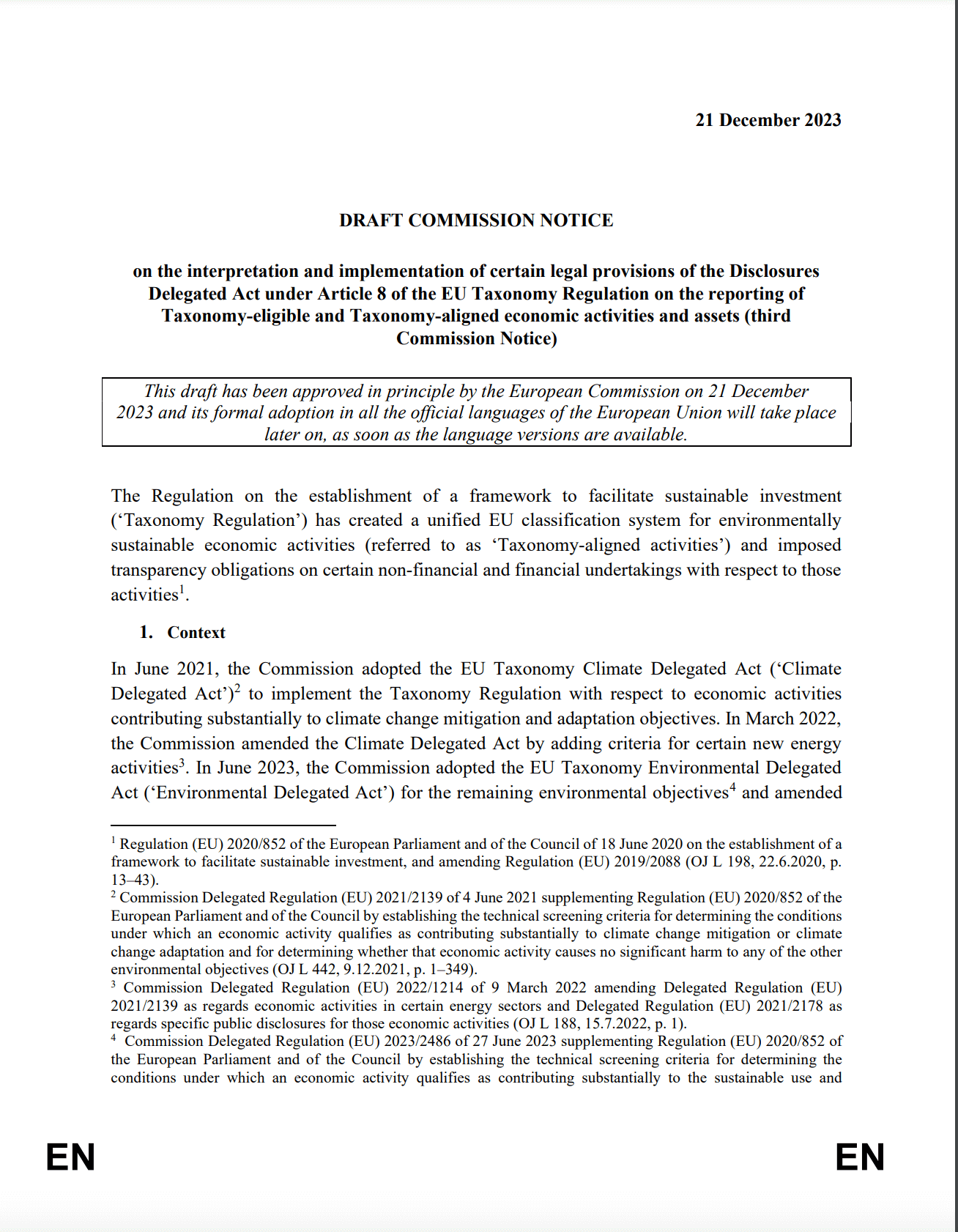 EC Communication on the Interpretation and Implementation of Certain Legal Provisions of the Delegated Act on Disclosure of Information under Article 8 of the EU Taxonomy Regulation on the Notification of Activities and Assets