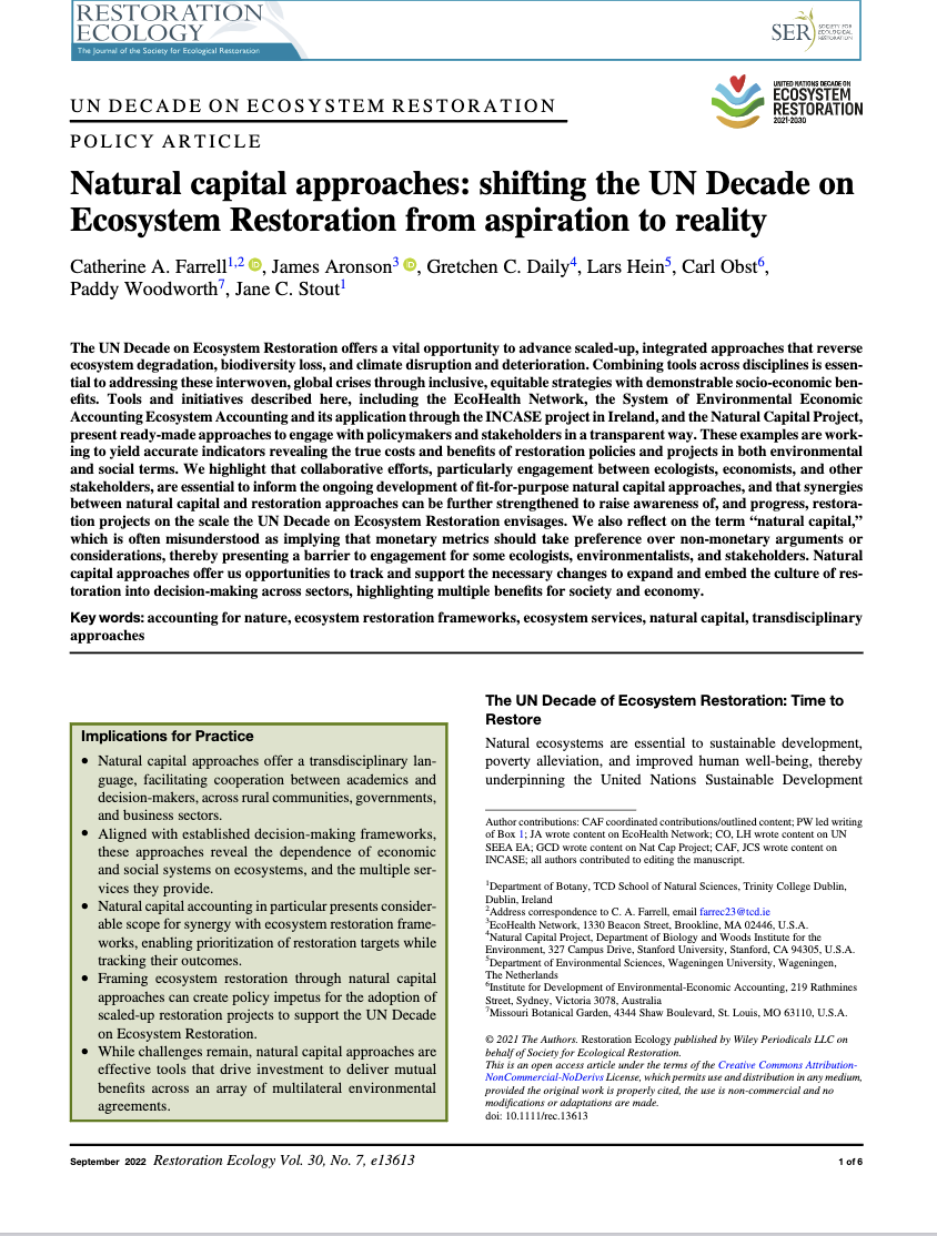 Natural capital approaches: shifting the UN Decade onEcosystem Restoration from aspiration to reality