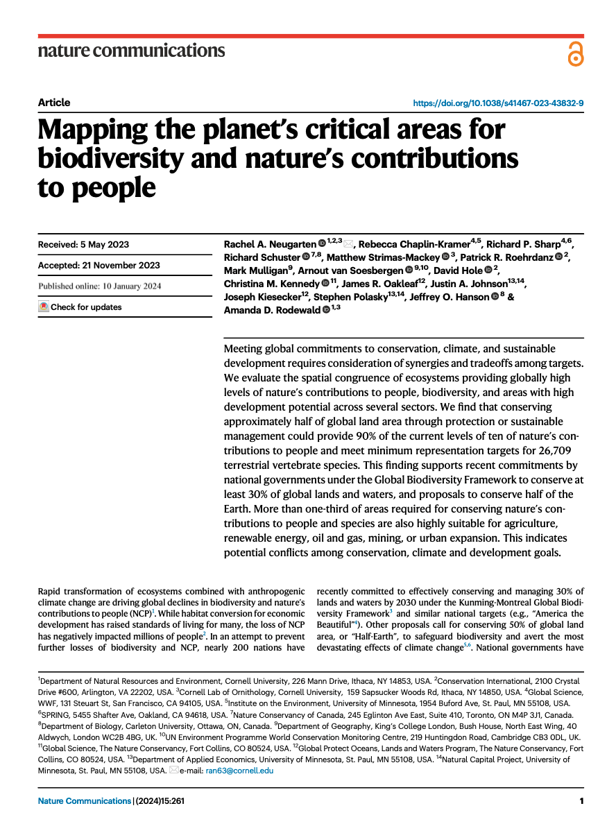 Mapping the planet’s critical areas for biodiversity and nature’s contributions to people