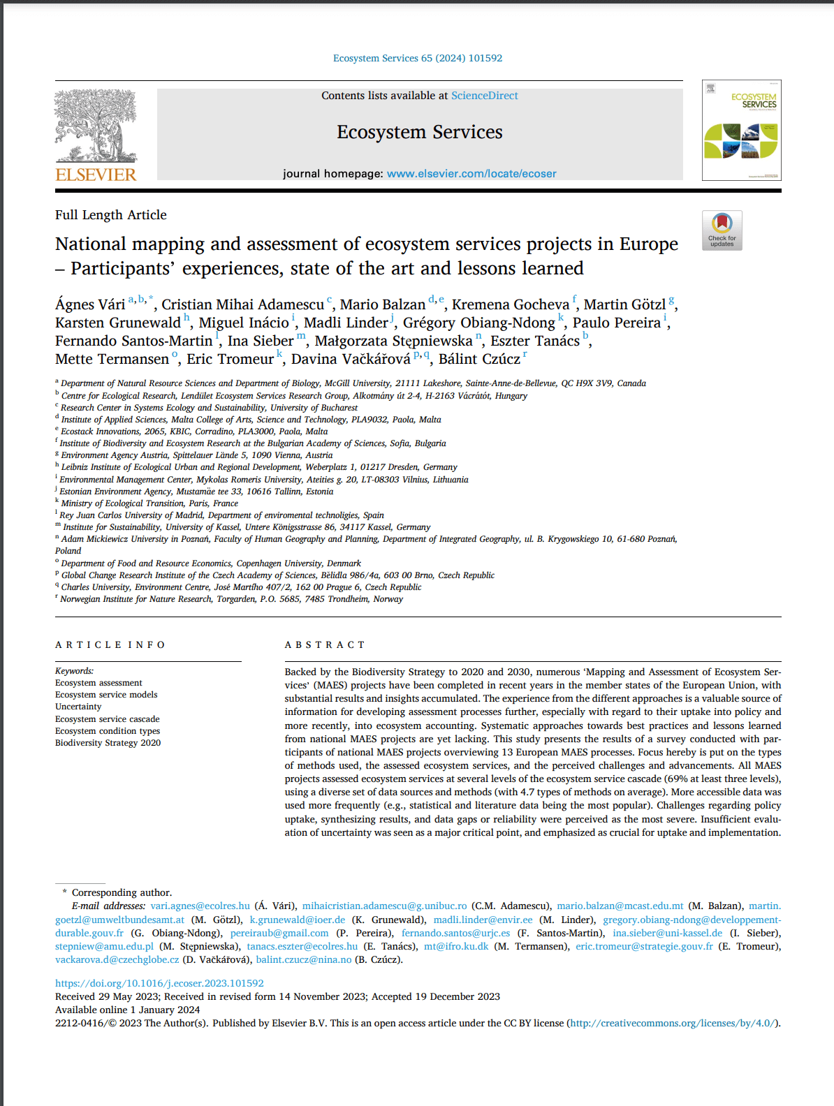 National mapping and assessment of ecosystem services projects in Europe – Participants’ experiences, state of the art and lessons learned