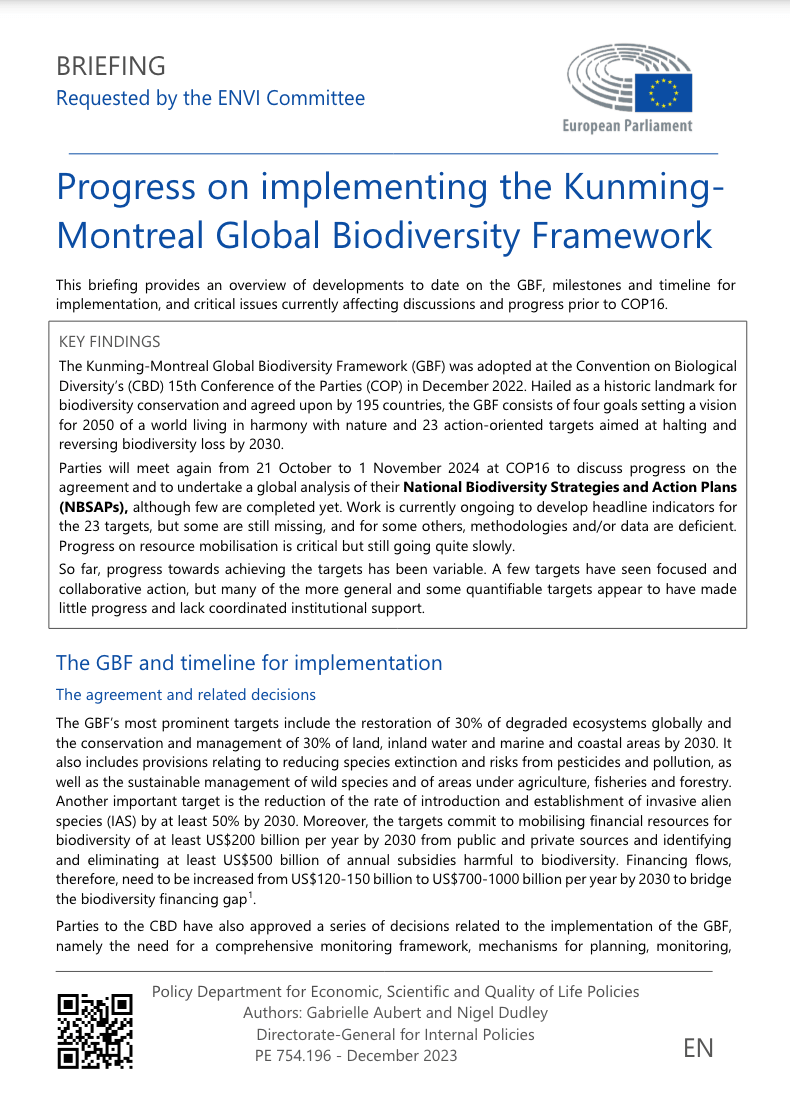 Progress on implementing the KunmingMontreal Global Biodiversity Framework