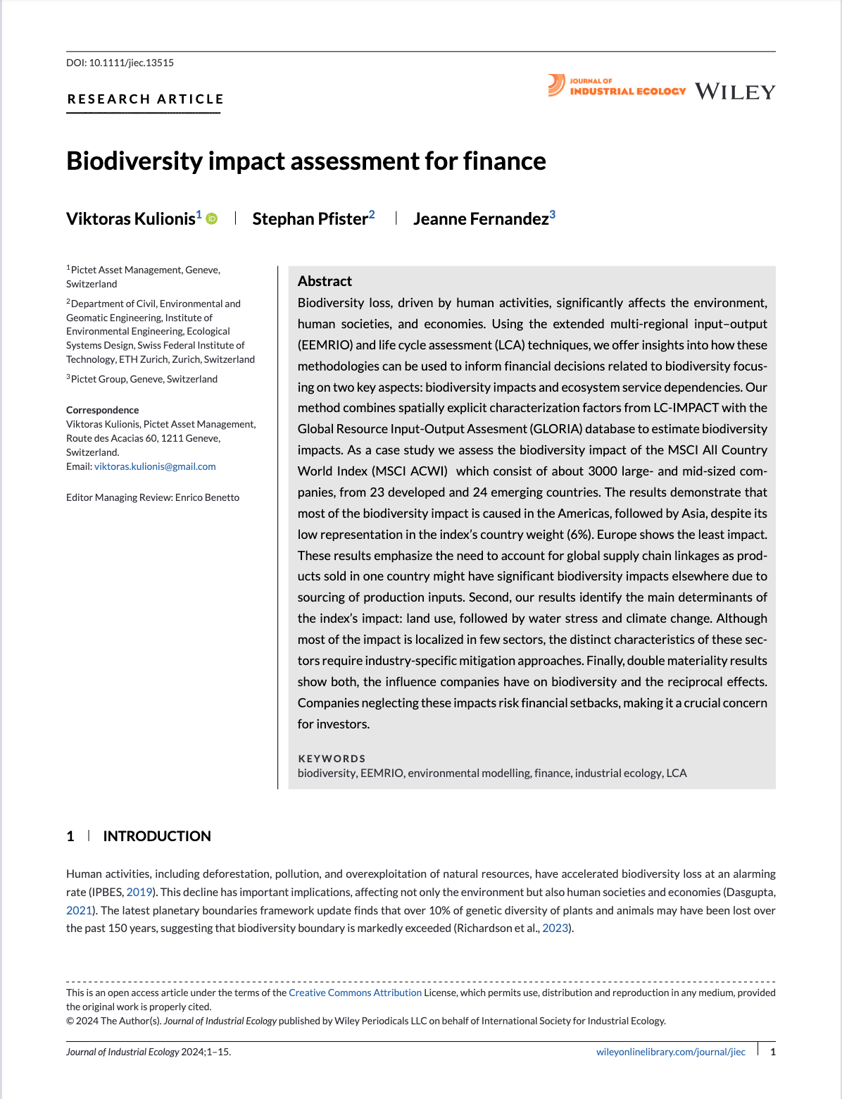 Biodiversity impact assessment for finance
