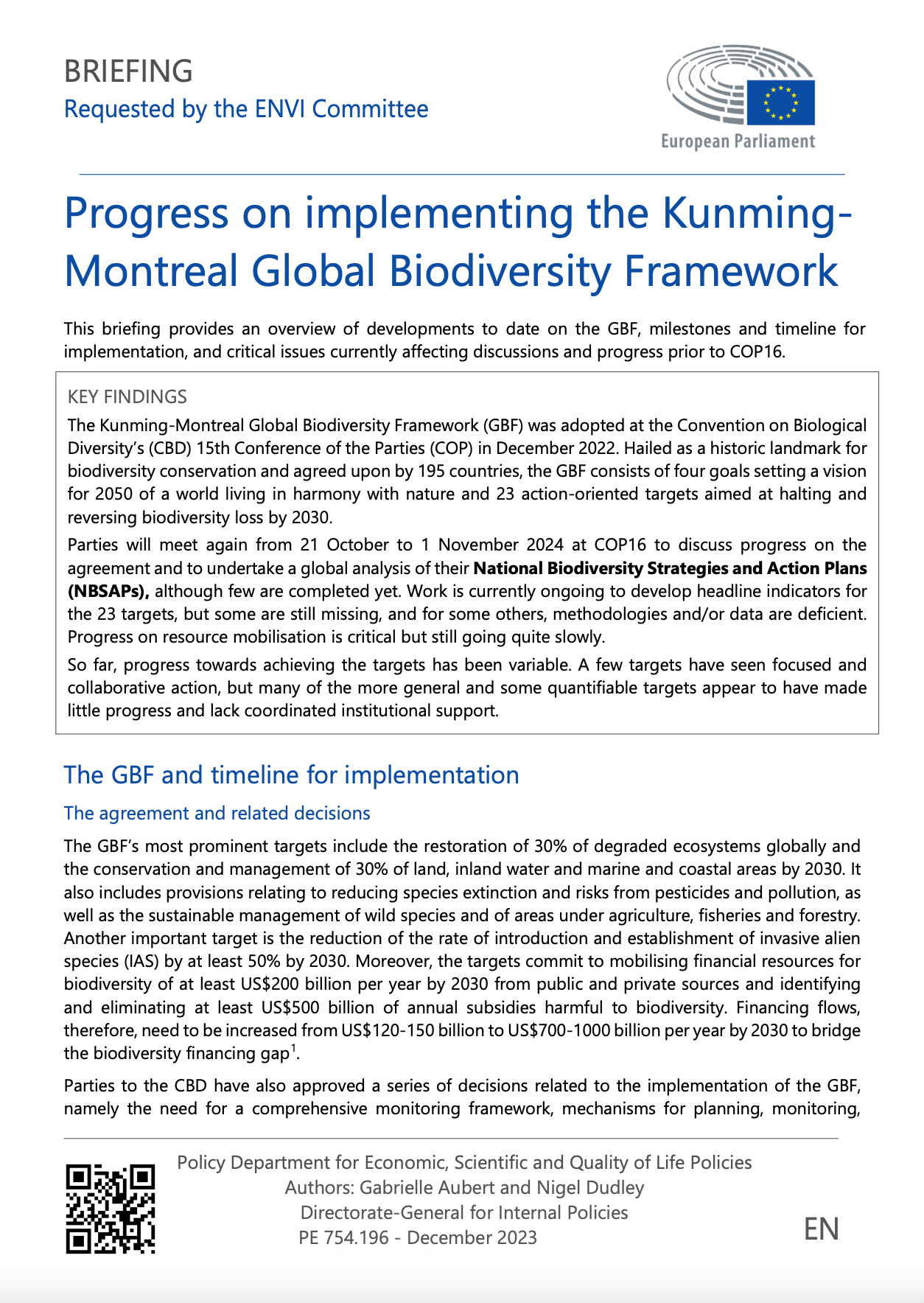 Progress on implementing the KunmingMontreal Global Biodiversity Framework