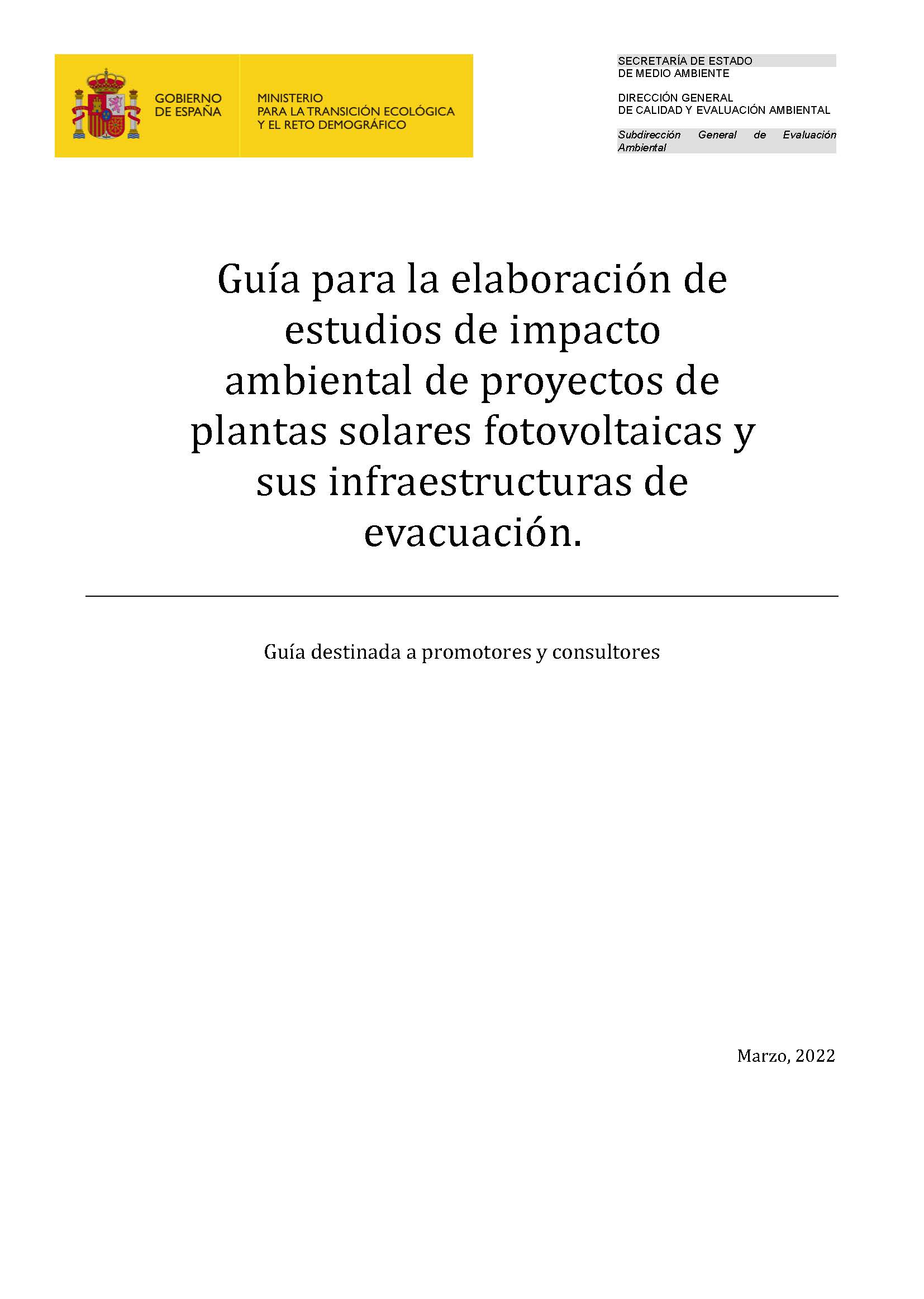 Guía para la elaboración de estudios de impacto ambiental de proyectos de plantas solares fotovoltaicas y sus infraestructuras de evacuación
