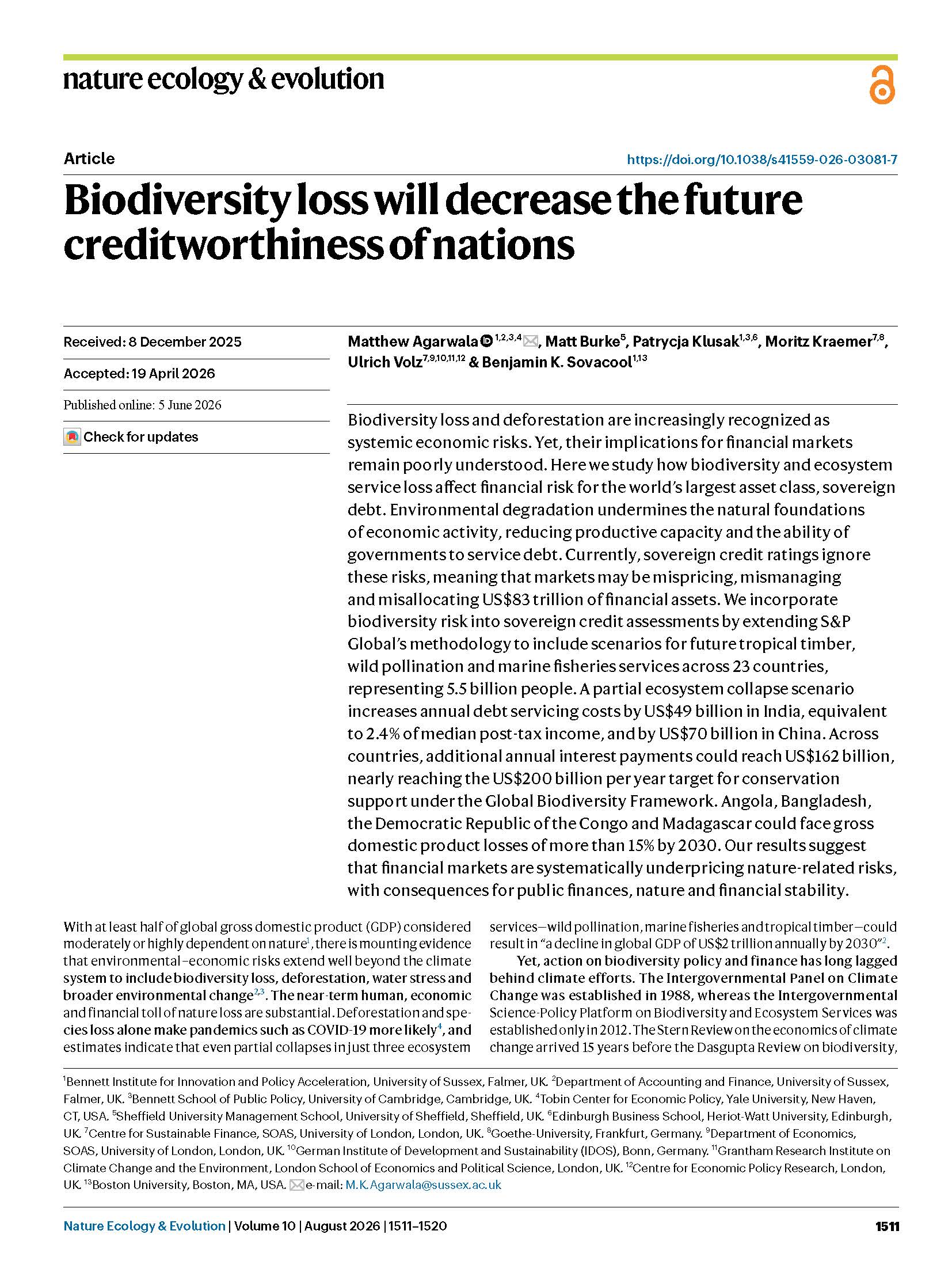 Biodiversity loss will decrease the future creditworthiness of nations